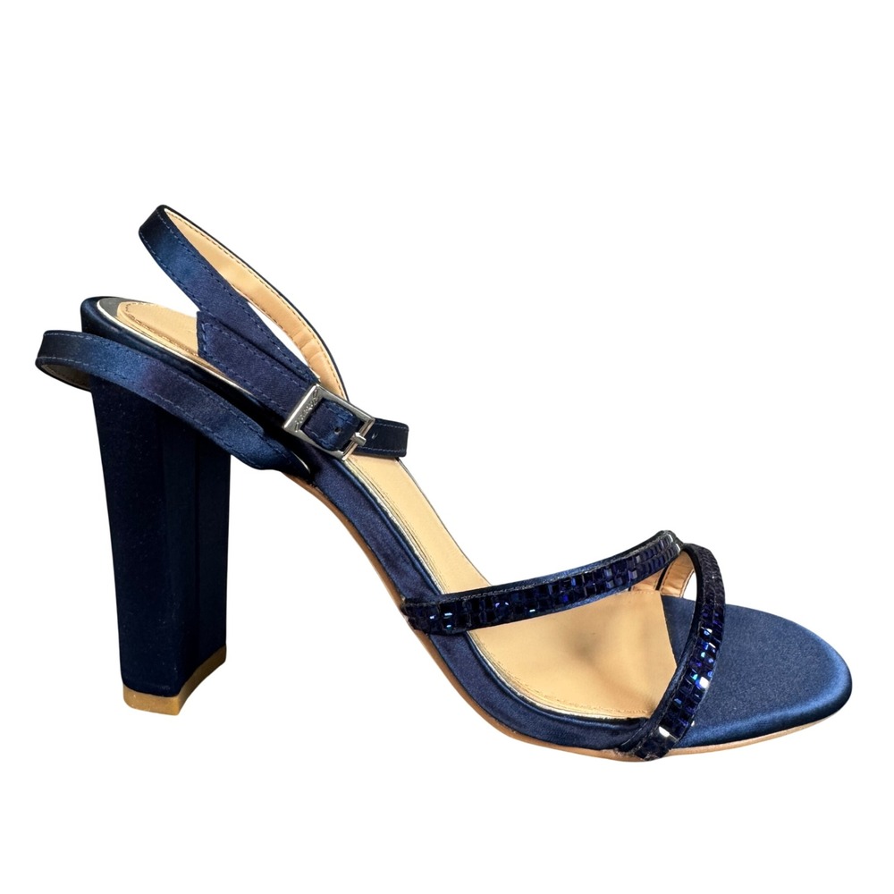 Jewel Badgley Mischka Navy Satin Embellished Block Heel Sandals Womens 5
